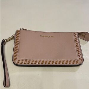 Michael Kors Pink Leather Wristlet Wallet/Clutch with Tan Trim